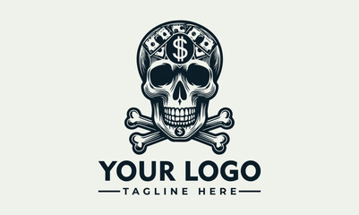 Skull and crossbones with dollar sign and dice, a monochrome graphic design.
