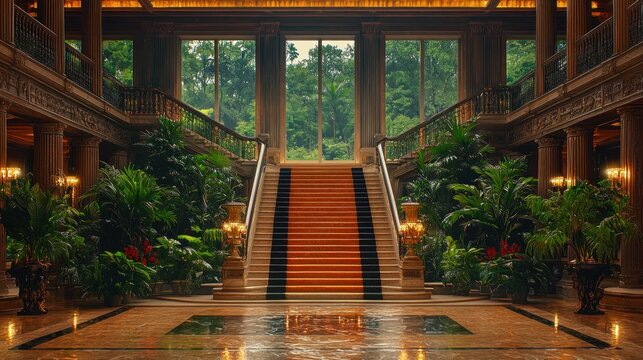 Grand hall with double staircase and lush greenery