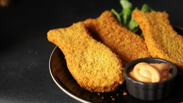 Fish cutlet breaded fish sticks shaped fish nuggets fast food fresh gourmet food background on the table rustic food top view copy space