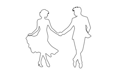 Fototapeta premium Young couple walking away. Woman wearing shorts and long jacket. Rear view. Continuous line drawing, Black linear sketch isolated on white background. Vector illustration.