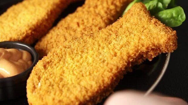 Fish cutlet breaded fish sticks shaped fish nuggets fast food fresh gourmet food background on the table rustic food top view copy space