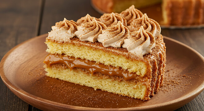 A slice of churros cake with cinnamon sponge and dulce de leche filling, decorated with piped dulce de leche and sprinkled cinnamon. Displayed on a rustic wooden plate