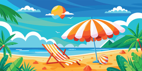 Obraz premium Beach Vacation Scene Illustration, Tropical Holiday Relaxation Art, Summer Coastal Leisure Design background.