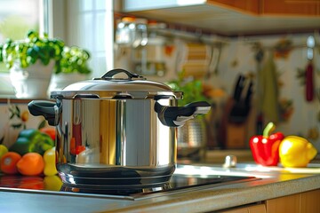 flawless picture of close up of pressure cooker on kitchen counter
