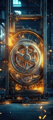 Fototapeta premium Fiery, ornate clockwork mechanism within a dark, industrial metal frame, sparks flying