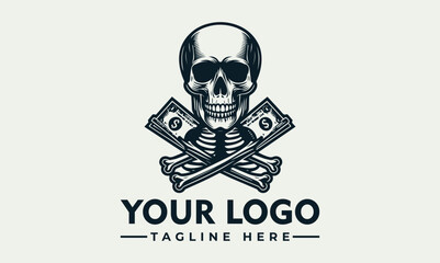 A detailed illustration of a skull with crossed bones and money, a logo design.