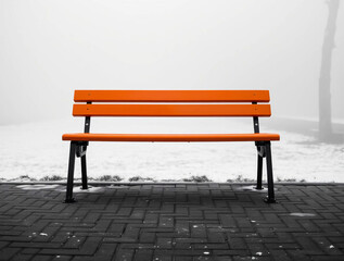 Orange Bench in Foggy Landscape | Minimalist Solitary Bench Photo