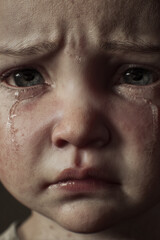 Extreme close-up portrait of a crying child with visible tears, furrowed brows and trembling lips. Highly detailed facial texture, emotional expression of sadness and despair, dark neutral background.