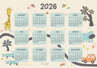 Safari Adventures 2026 Yearly Vector Calendar