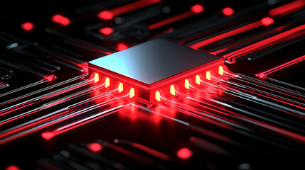 A computer chip with red lights on it