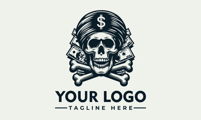 A skull logo design, adorned with money and a military-style hat, suggesting wealth and power.