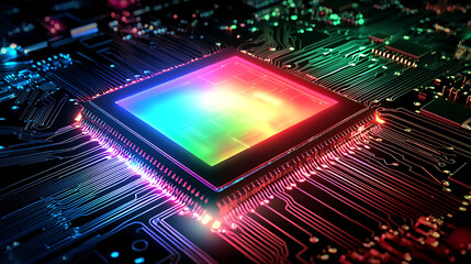 A computer chip with a colorful display