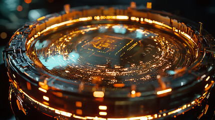 A glowing, metallic object with a circular shape