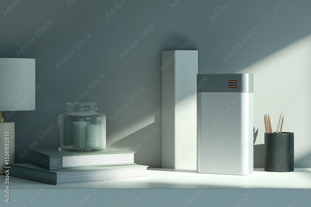 Poster Modern desk setup with elegant accessories and soft natural light in a minimalistic workspace