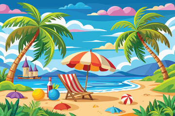 Beach Vacation Scene Illustration, Tropical Holiday Relaxation Art, Summer Coastal Leisure Design background.