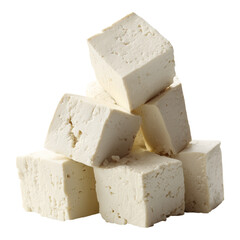 Pile of Fresh White Tofu Cubes isolated on png transparent background