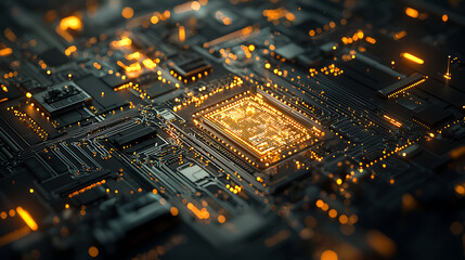 A close up of a computer chip with a lot of glowing lights