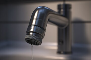 Water drips from a modern faucet in a minimalist kitchen setting during daylight hours