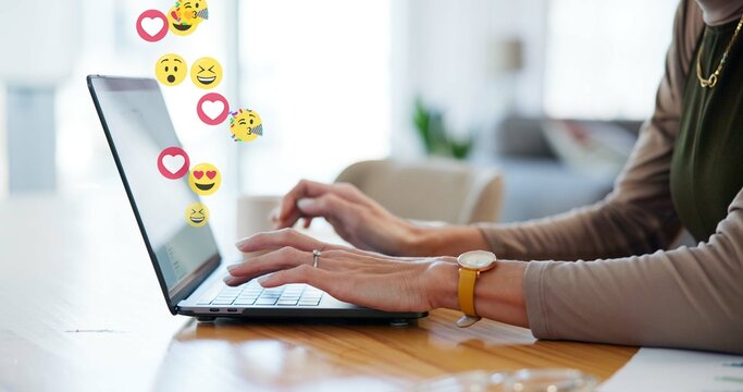 Hands, person and laptop with emoji at house for social media, like post and followers reaction. Woman, tech and overlay icons for app interaction, review comments and feedback symbol of notification