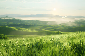 Obraz premium The grassland and woods under the blue sky and white clouds