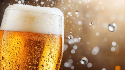 A beautifully crafted glass of golden beer with frothy foam, surrounded by sparkling bubbles, embodies refreshment and celebration, perfect for gatherings or relaxation.