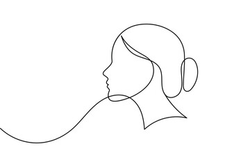 Woman face profile continuous one line drawing minimalist style isolated outline illustration