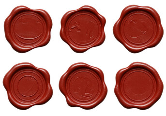 Collection of six red wax seals on a black background for design elements, wax seal, seal, red, stamp, wax, vintage, retro, texture, isolated, black background, sealing wax, invitation, antique, lette