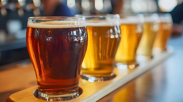 Craft beer flight tasting at brewery pub, sample local beers, variety of ales and lagers, drink responsibly