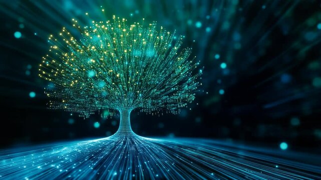 A futuristic digital tree of knowledge made of flowing data, a powerful visual for corporate, tech, or AI presentations.
