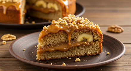 A slice of banana cake filled with dulce de leche and chopped walnuts. The moist cake is topped with a glossy layer of dulce de leche dripping slightly down the sides, with crushed walnuts sprinkled 