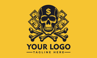 Smiling skull logo design with crossed bones and dollar bills, representing wealth and mortality.