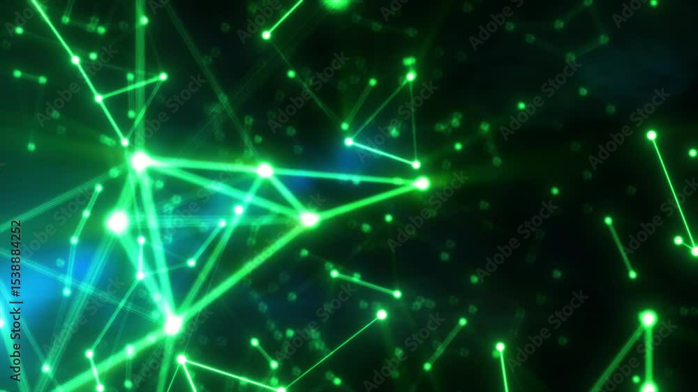 Poster abstract visualization of a glowing green neural network or digital data connections on a dark backg