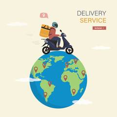 Globalization, global delivery service. Male courier or delivery man drive motorbike with parcel. Fast shipping. Worldwide, express shipping, logistic concept.