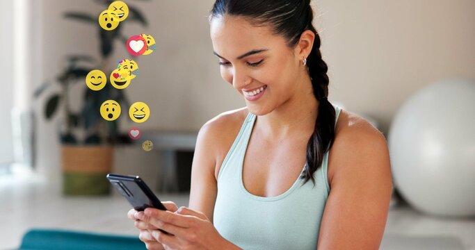 Social media icons, smartphone and woman with fitness, home and message to contact. Person, influencer and content creator with cellphone, emoji and reaction with comment, exercise or online chatting