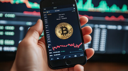 A hand holding a smartphone with a cryptocurrency trading app showing rising Bitcoin price.
