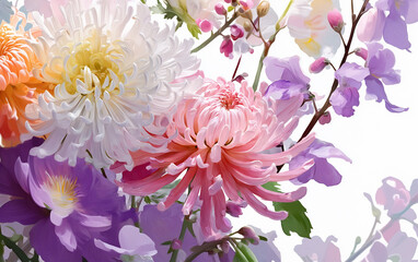Beautiful chrysanthemums and spring flowers on white background, copy space. For greeting card, advertising, scrapbooking, invitation.
