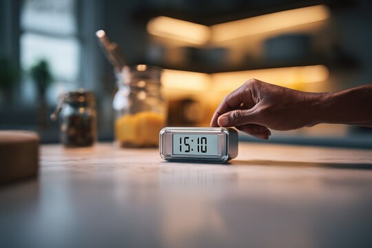 Person adjusts modern alarm clock displaying 15:10 in a cozy kitchen setting during afternoon hours