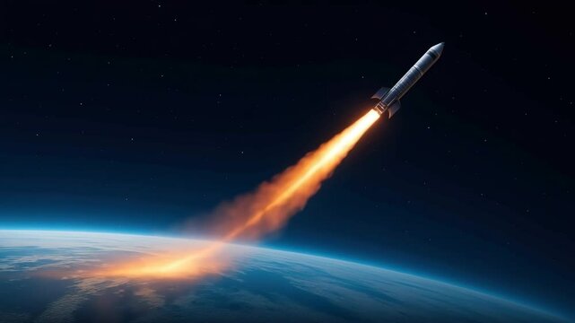 Powerful space rocket launching above Earth with fiery trail