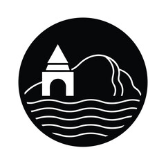 Black and white logo of building and water