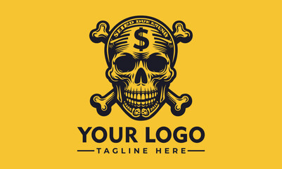 Gold skull logo with dollar sign,  placed on a yellow background.