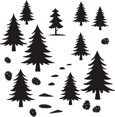 Obraz premium Black silhouette forest elements isolated on white illustrating simple evergreen trees shrubs and footpath designs suitable for various creative projects