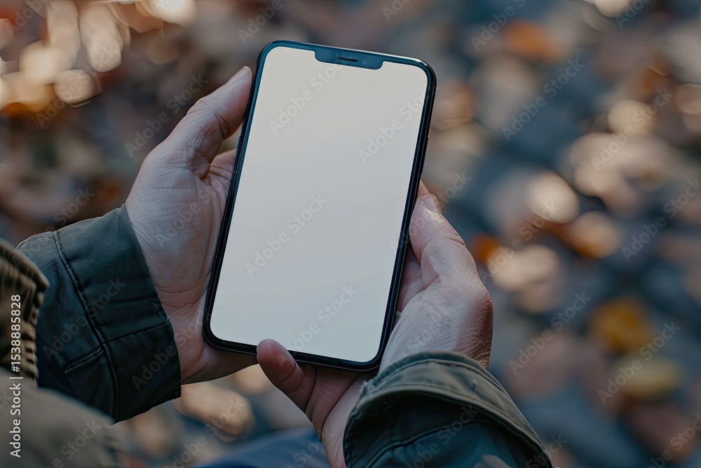 Poster clear pixel image of close up of a phone in a mans hand with a blank screen