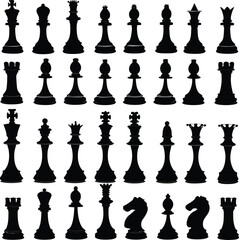 Chess pieces silhouettes a complete collection of chess figures depicted in a bold black and white illustration suitable for strategic board game designs