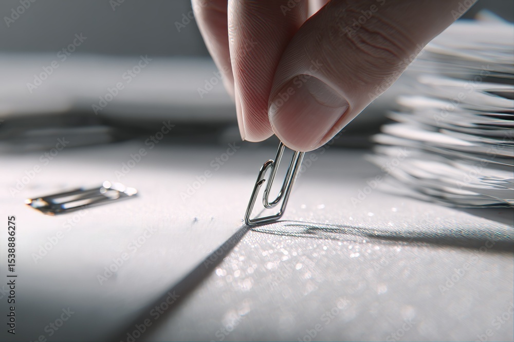 Poster close-up of a hand holding a paperclip above a stack of documents in an office setting capturing a m