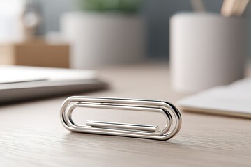 Silver paperclip resting on a wooden desk among stationery and a plant in a modern workspace setting