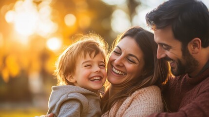Joyful Family Moment in Autumn Park with Smiling Parents and Child