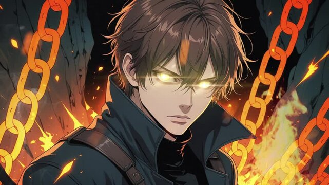 Anime-style character with glowing yellow eyes standing against a fiery background with chains. Powerful and intense digital art of a mysterious male figure.