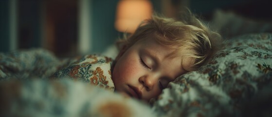 A child with blonde hair is sleeping on a bed