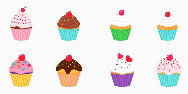 Set of cute vector cupcake designs, various frosting styles and toppings,  vector,   isolated