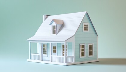 3D Minimalist Construction Paper House with Wood Clapboard Style, Painted in White and Light Blue
